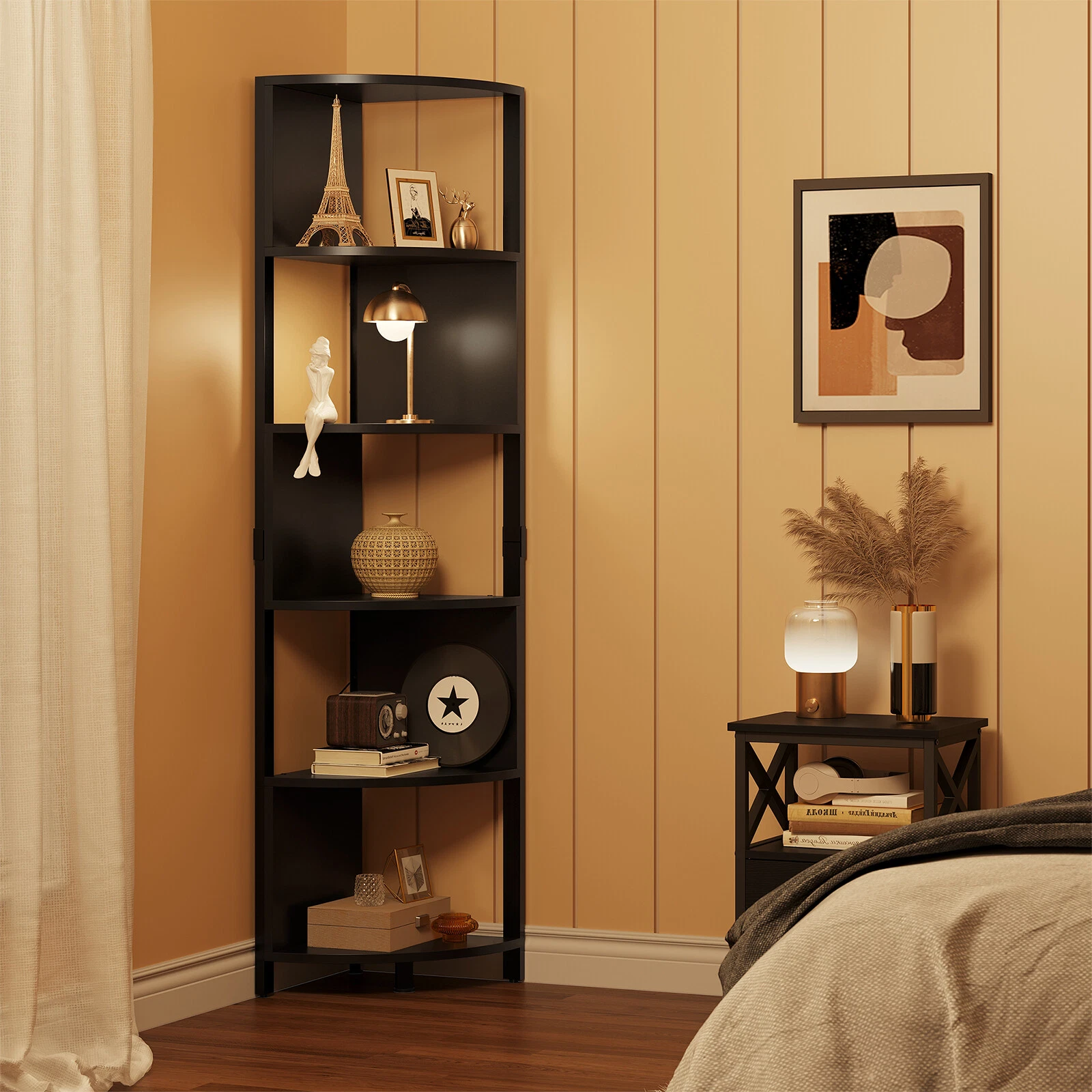5 Tier Corner Shelf Stand Wooden Bookcase Bookshel